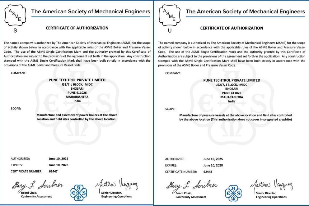 Pune Techtrol Receives ASME Certifications for Boiler and Pressure Vessel Manufacturing